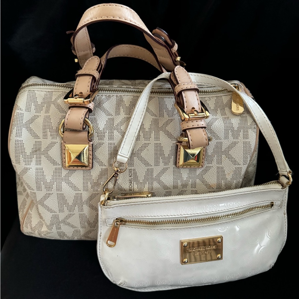 Michael Kors Large Double Handle Satchel, Monogram, Wristlet & Dust Bag Included